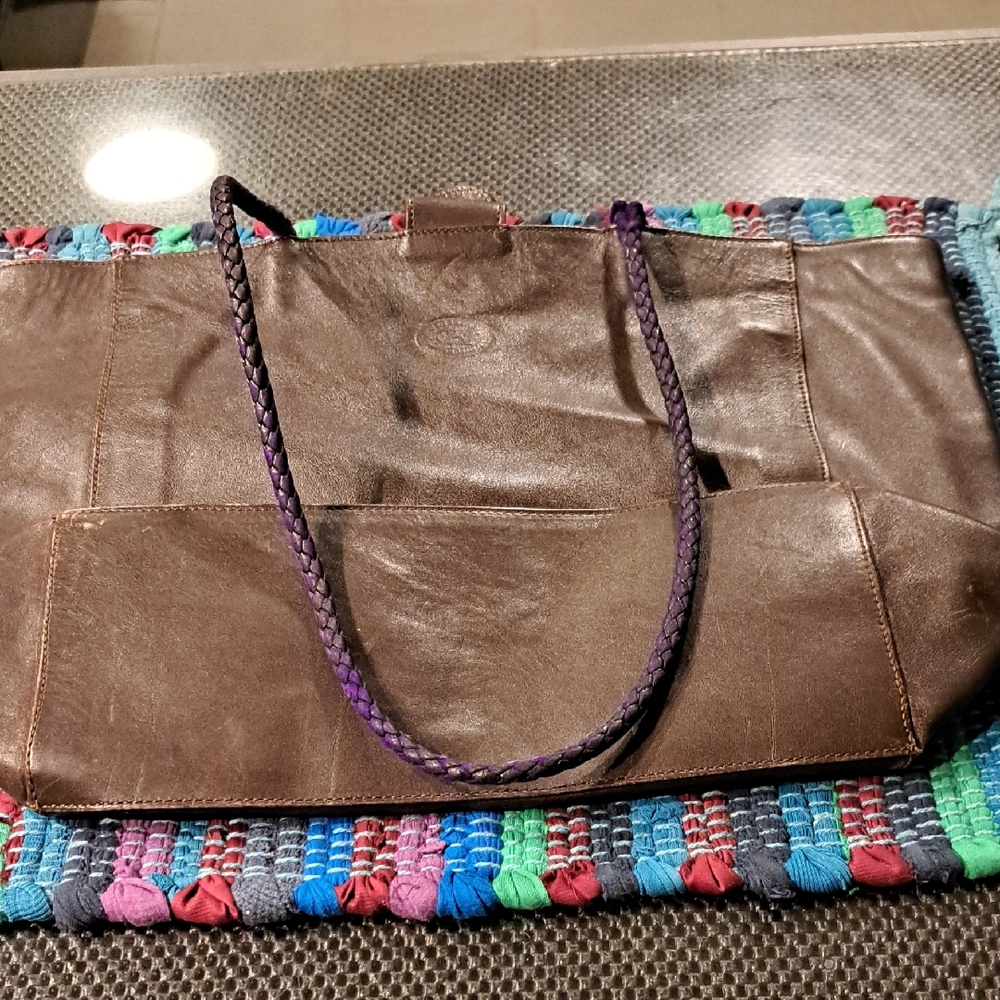 Elegant Brown Leather Tote with Braided Handles (Dyed Purple)